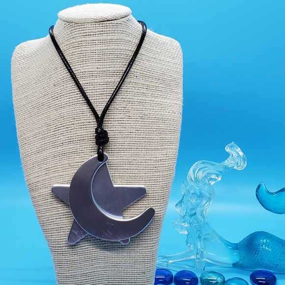 Brushed silver tone metal  star and  moon on a black cord staement necklace - Picture 2 of 4